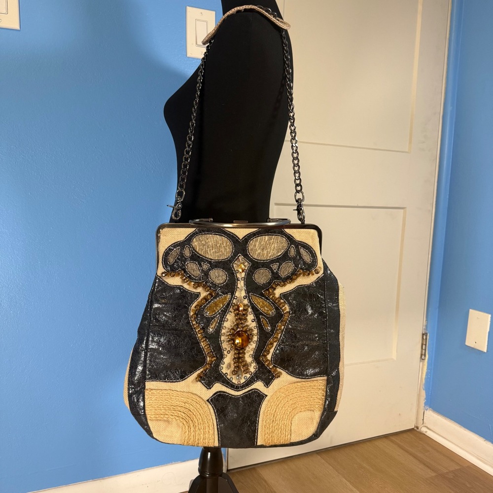 Boho Beaded Butterfly Mixed Media Gypsy Tote Handbag Denim Convertible Strap